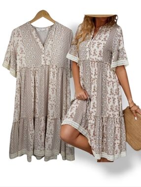 Anany Tiered Floral Dress Sz S Cottagecore Coquette Boho Lace Trim Flutter Split